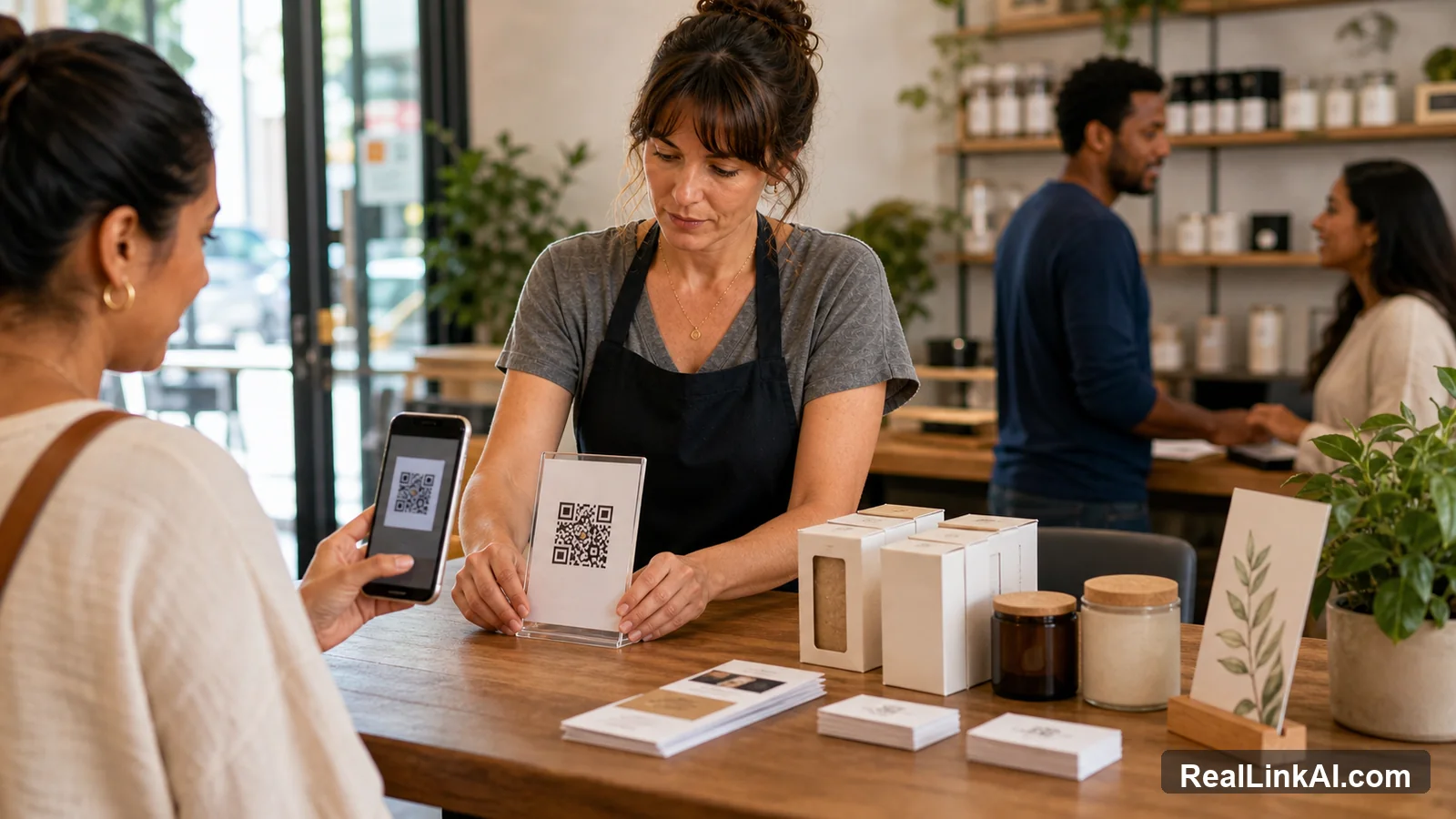 Small business owner arranging QR code signs, flyers, cards, product packaging, and a phone scan at a local shop counter