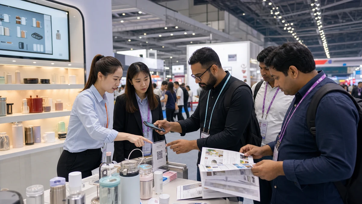 Canton Fair Complex exhibitor team helping overseas buyers with catalog QR and product samples