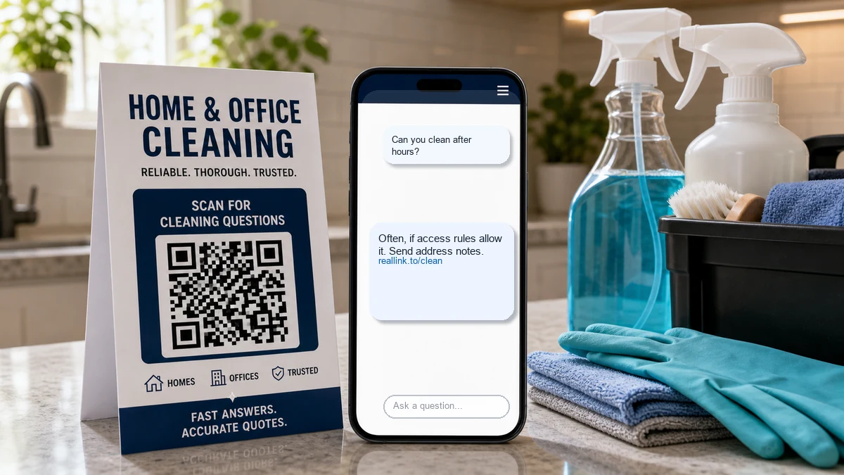 Cleaning service QR card opening an AI answer page with after-hours cleaning questions and a URL link