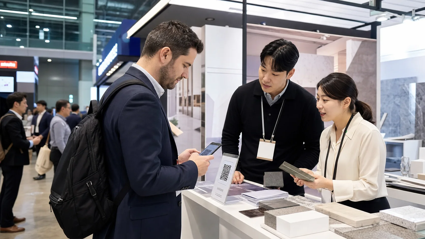 Internationaler Einkäufer scannt einen QR-Code am Messestand an einem COEX-aehnlichen Messestand in Seoul