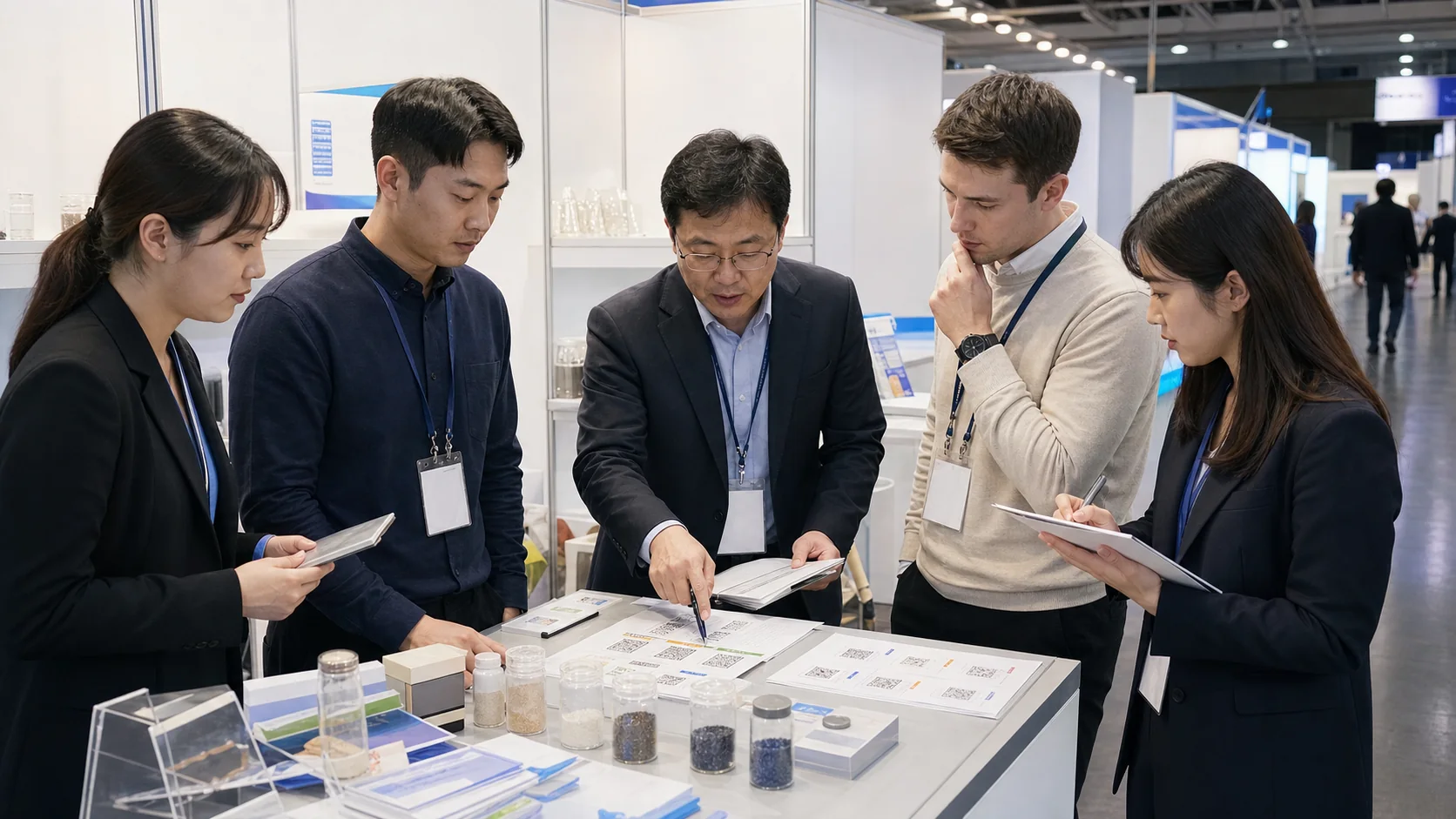 Équipe exposante preparant les catégories de questions des acheteurs avant l'ouverture du COEX