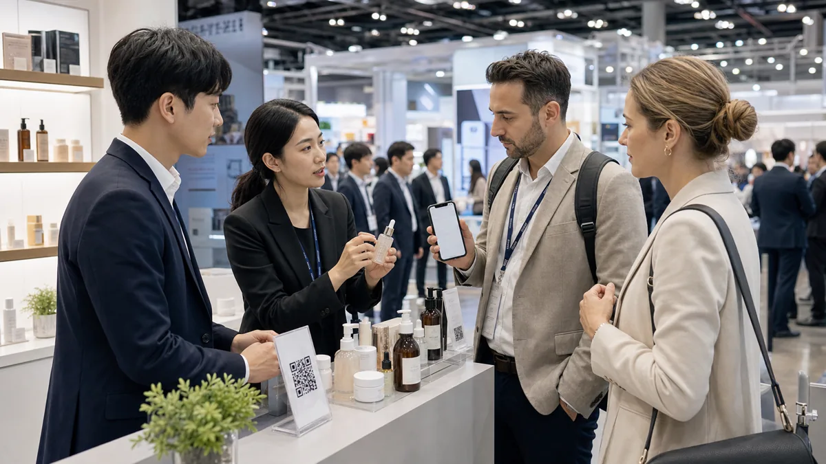 Equipe exposante COEX utilisant un QR de stand pour questions acheteurs