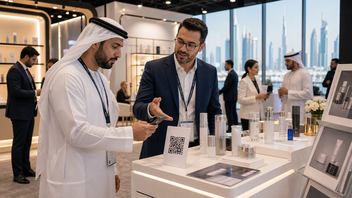 International buyers scanning a QR placard at a Dubai World Trade Centre-style exhibition booth