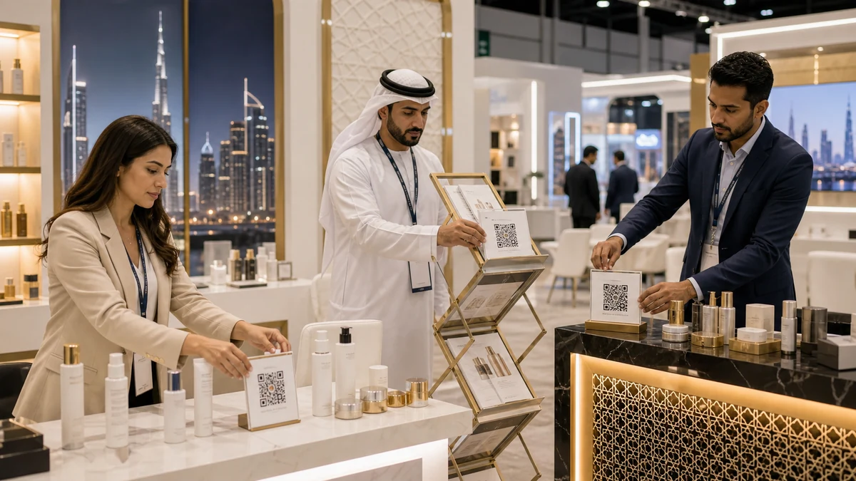 Documents arabe-anglais, échantillons, QR et page réponse AI sur stand Dubai