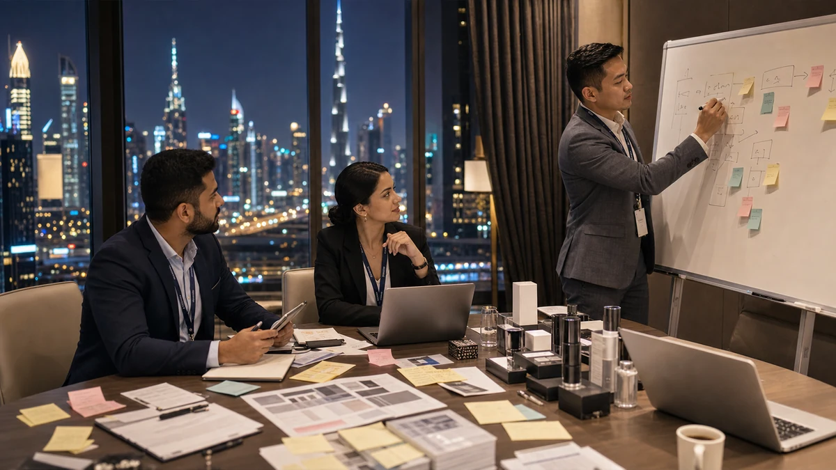 Équipe revoyant questions, distributeurs et suivis après Dubai