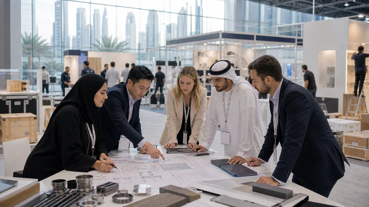 Equipe exposante preparant un stand au DWTC