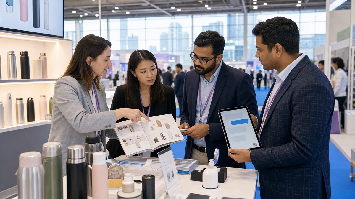 ExCeL LondonのブースでカタログQRと英国市場質問に対応する出展チーム