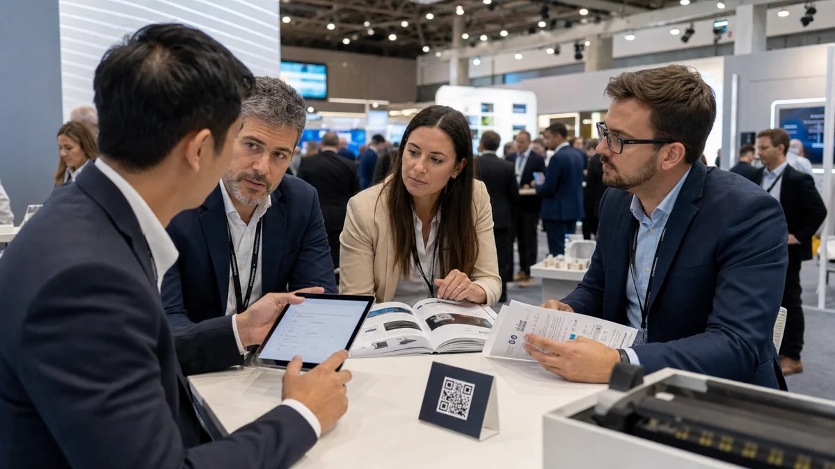 International buyers reviewing product questions at a trade show booth
