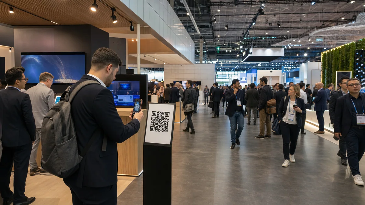 Scan QR de stand dans un hall inspiré de Fira Barcelona Gran Via
