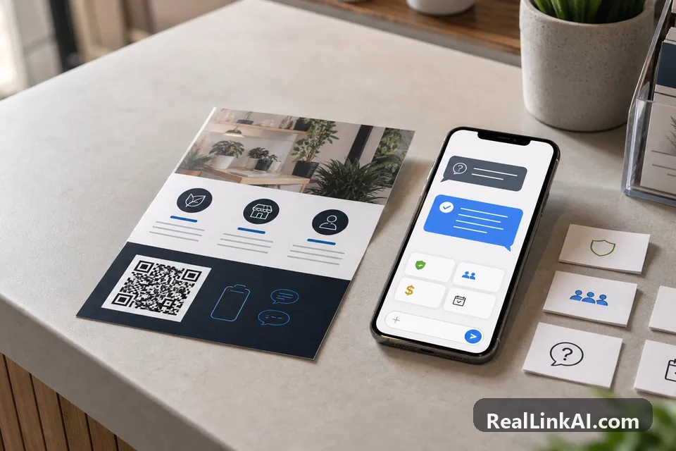 Small business flyer with a QR code beside a phone showing an AI answer page