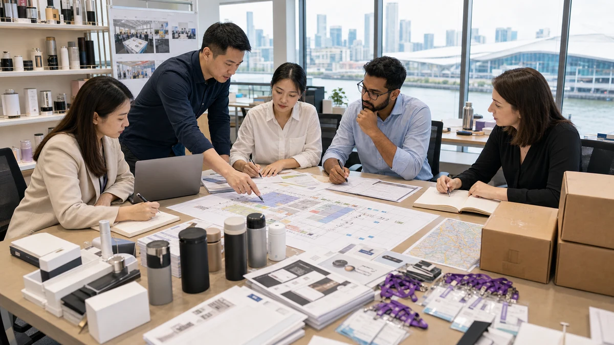 バッジ、ラインシート、プレスキット、QR表示でNY展示会ブースを準備するチーム