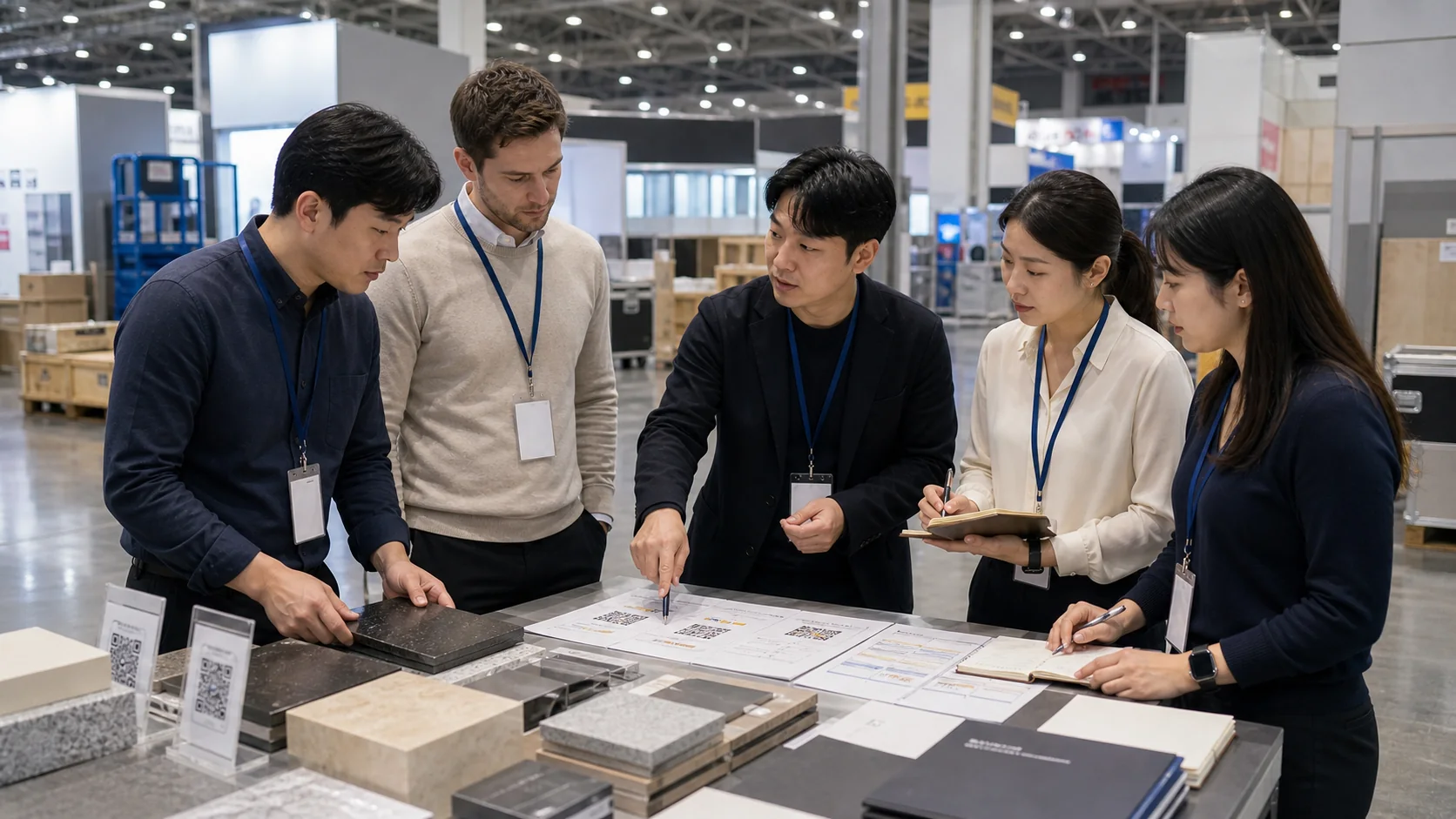 KINTEX Team bespricht Rollen, Muster, Dolmetschernotizen und Fragen von Einkäufern