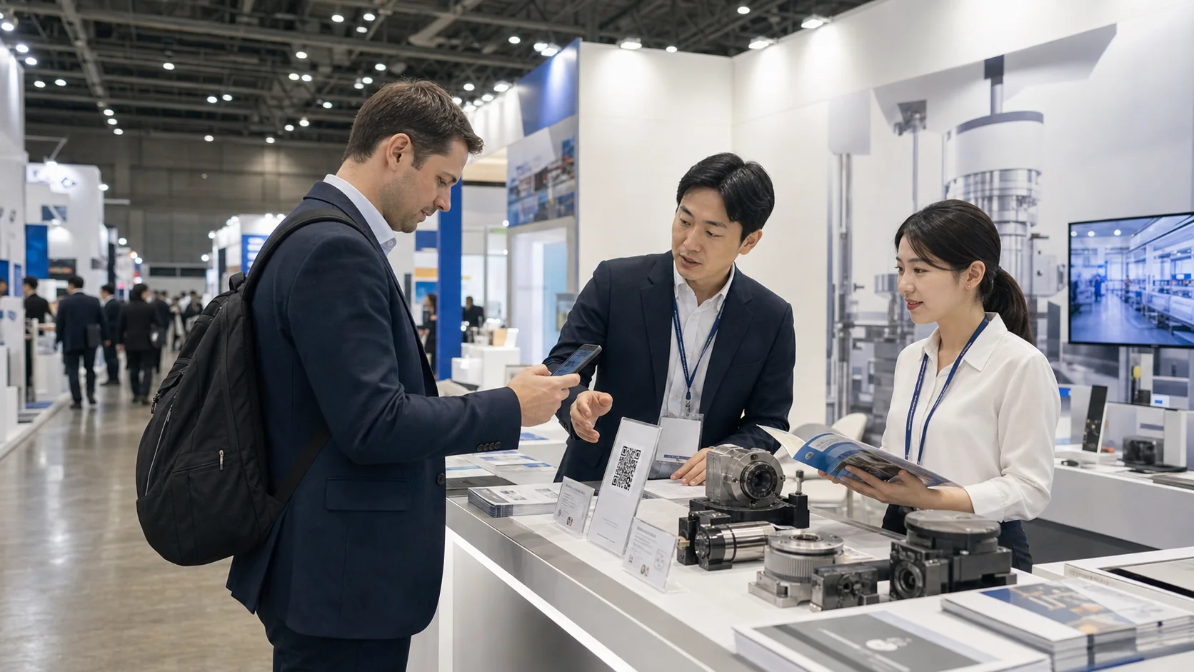 大型展示ホールでバイヤーがQRをスキャンし韓国出展者が産業サンプルを説明する場面