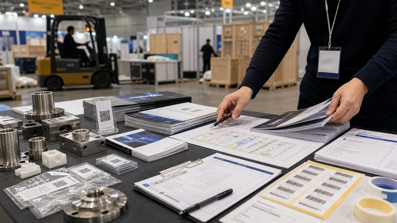 Table exposant KINTEX avec échantillons industriels, documents export, catalogues, QR et notes logistiques