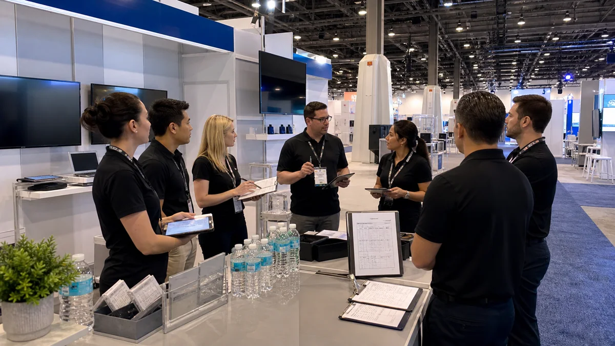 Morgendliches Booth-Staff-Briefing in einem großen Convention Center