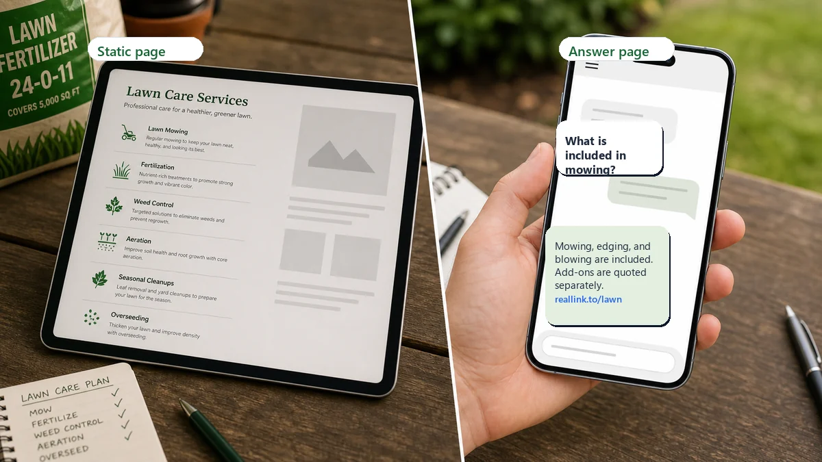 Static lawn care service page compared with an AI answer page for mowing questions