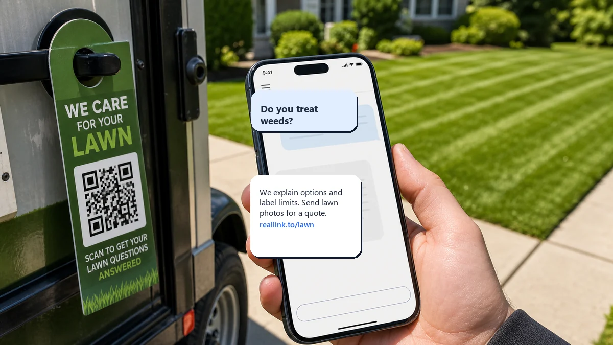 Lawn care door hanger QR code opening an AI answer page with weed service questions and a URL link