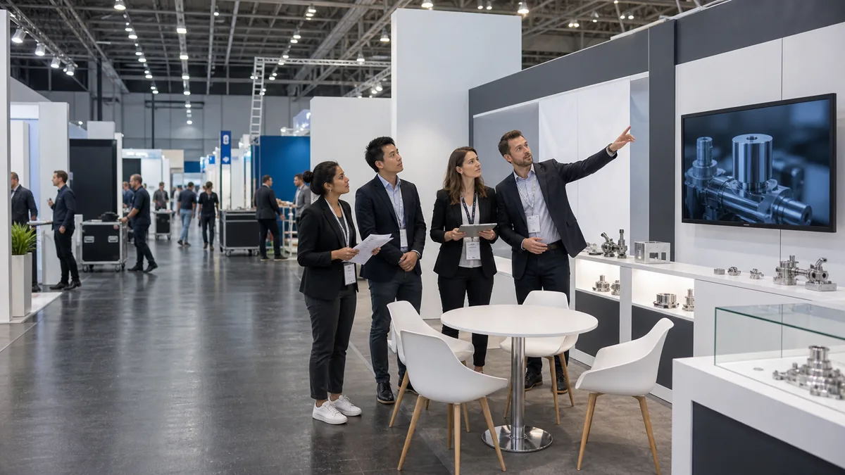 Messe Frankfurt-style exhibitor team preparing a booth