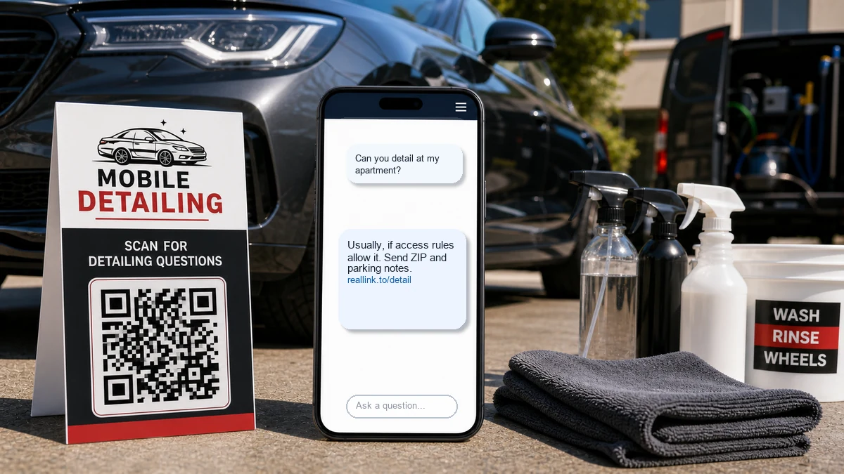 Mobile detailing QR card opening an AI answer page with apartment parking questions and a URL link