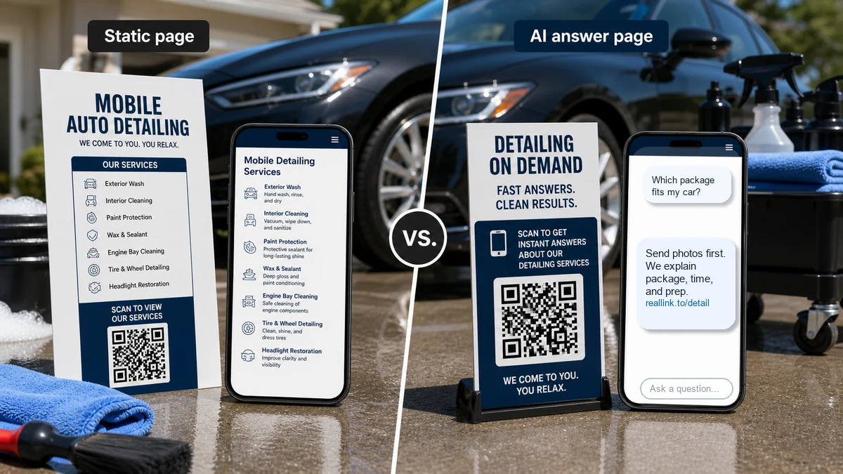 Mobile detailing static page compared with an AI answer page for package questions