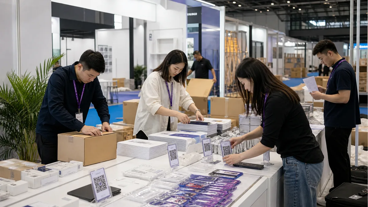 Preparation de stand NECC Shanghai avec boites d'échantillons, imprimés, QR et logistique fret