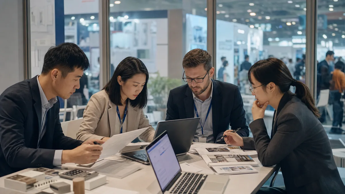 Équipe exposante examinant les questions des acheteurs Chine et demandes de justificatifs sur les produits après une journée salon