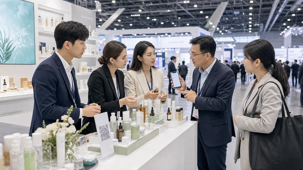 Equipe exposante NECC Shanghai utilisant un QR de stand pour questions acheteurs