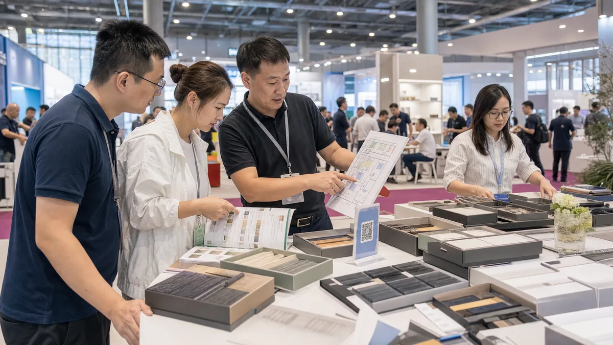 Échantillons, catalogues et panneaux QR prepares pour les questions des acheteurs Chine dans un grand salon de Shanghai