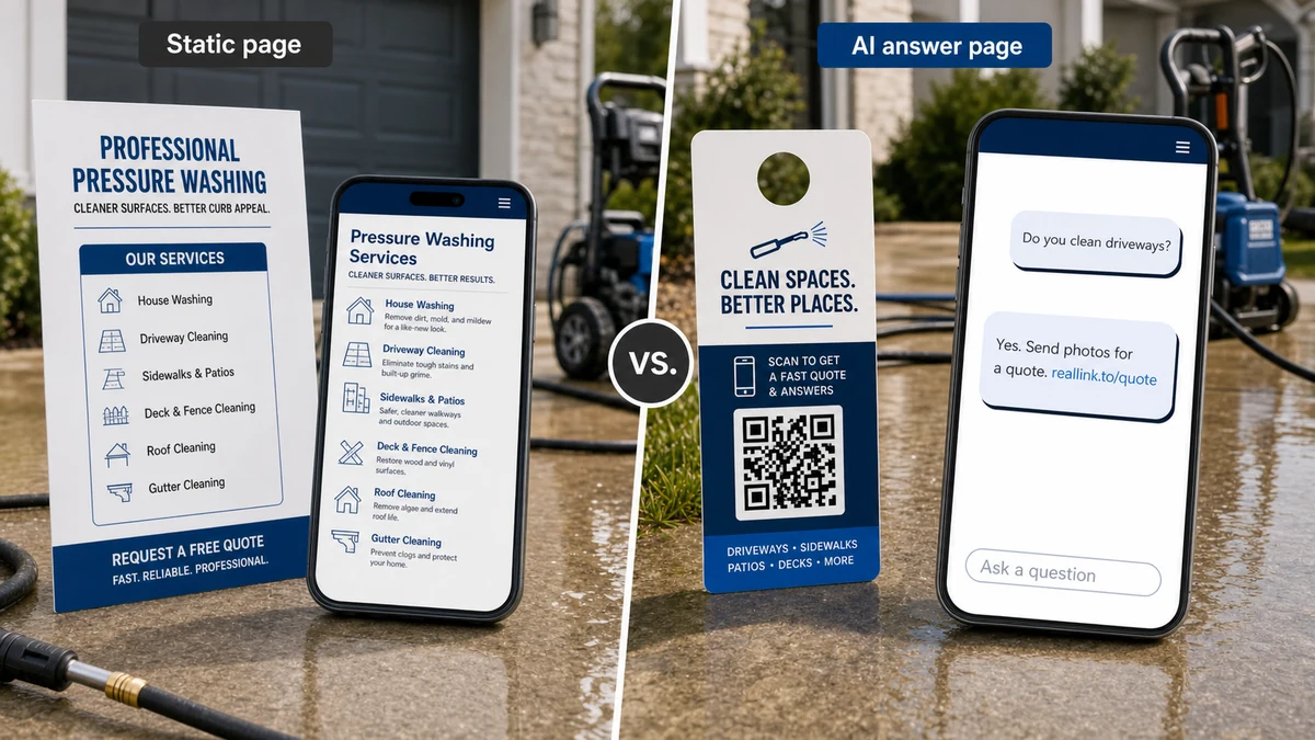 Before and better pressure washing QR marketing comparison showing a static website versus an AI answer page