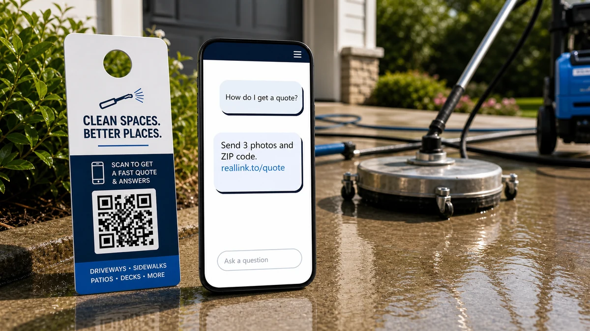 Pressure washing QR door hanger opening an AI answer page with plain text quote instructions and a URL link