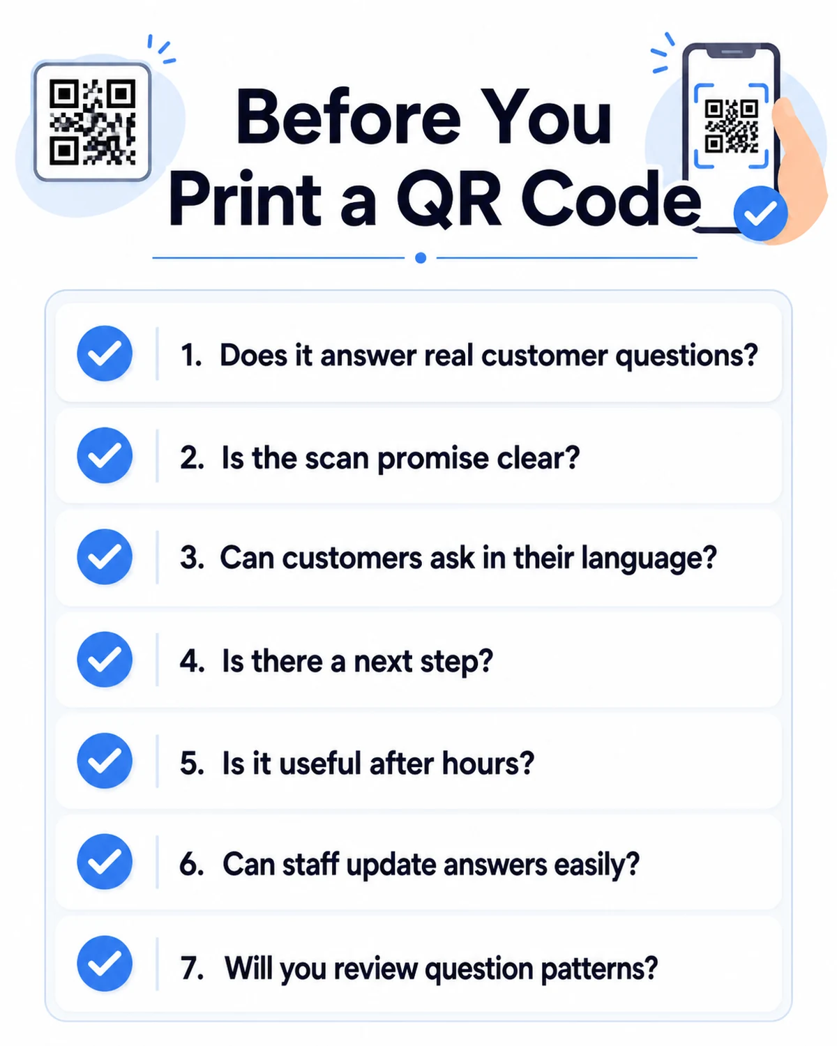 Checklist titled Before You Print a QR Code with seven customer service questions for small businesses to review.
