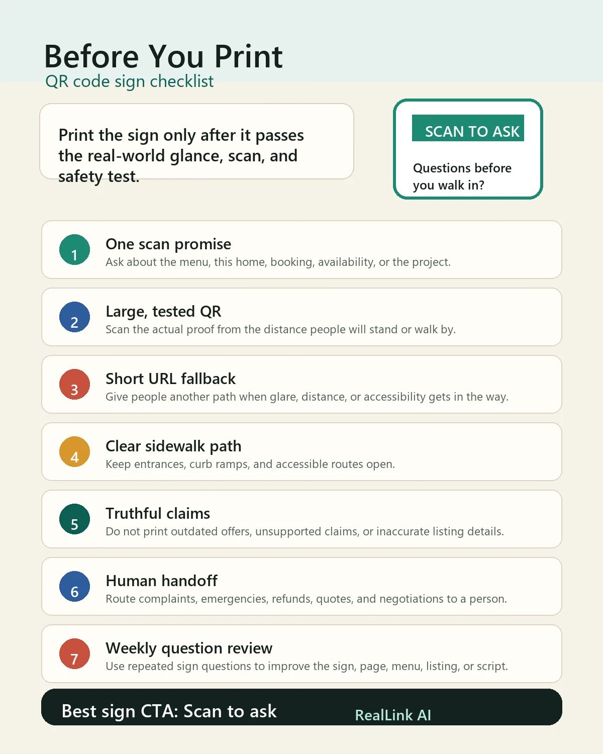 Checklist for QR code signs before printing, including one promise, large QR code, short URL, clear path, truthful claim, human handoff, and question review.