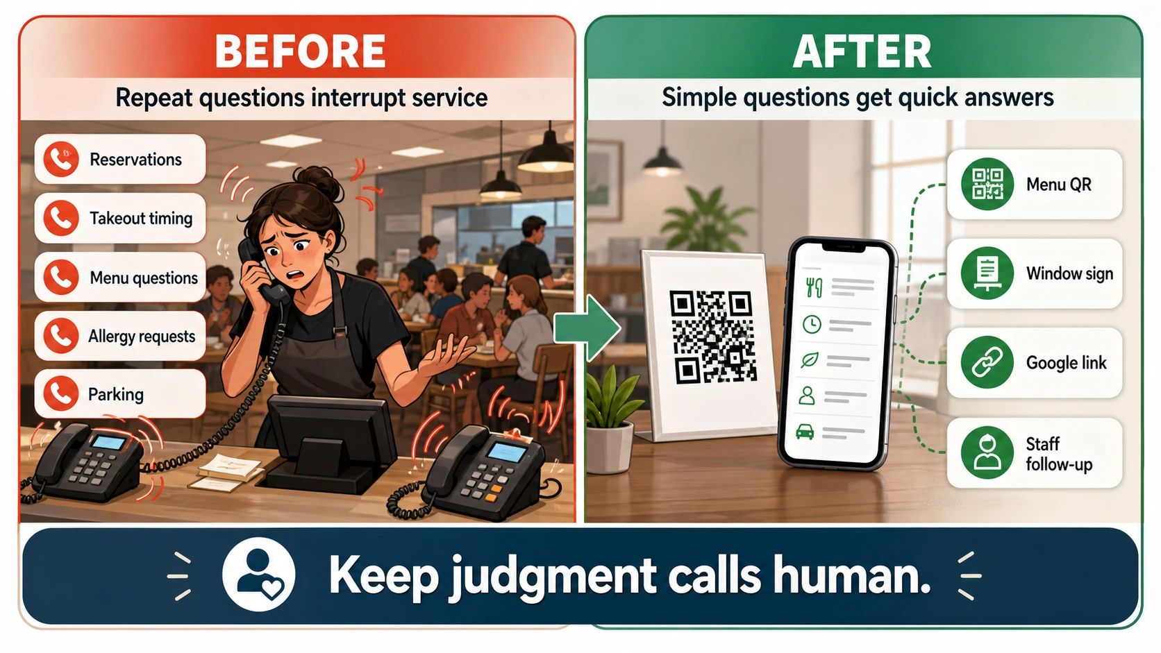 Before and after infographic showing restaurant phone interruptions moving from repeat calls to QR code and link answers while staff handle judgment calls.