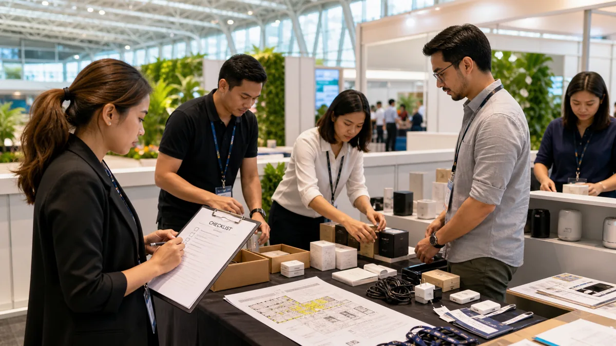 Singapore EXPO 참가 기업이 부스 체크리스트를 준비하는 모습