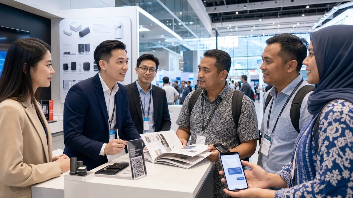 Singapore EXPO exhibitor team using booth QR to answer buyer questions
