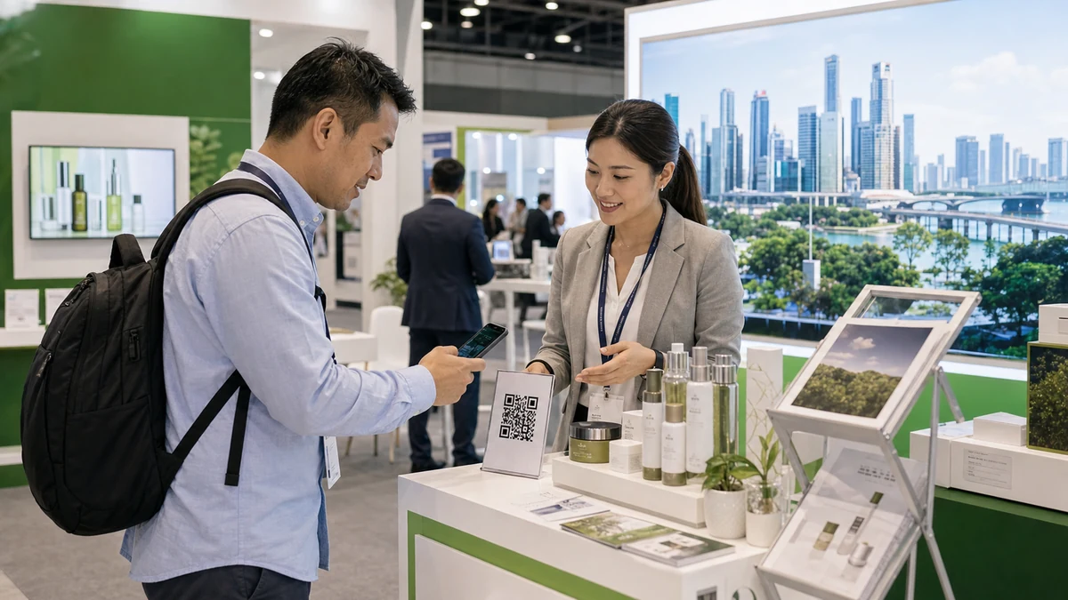 Singapore EXPO 부스 QR로 바이어 질문을 응대하는 참가 기업 팀