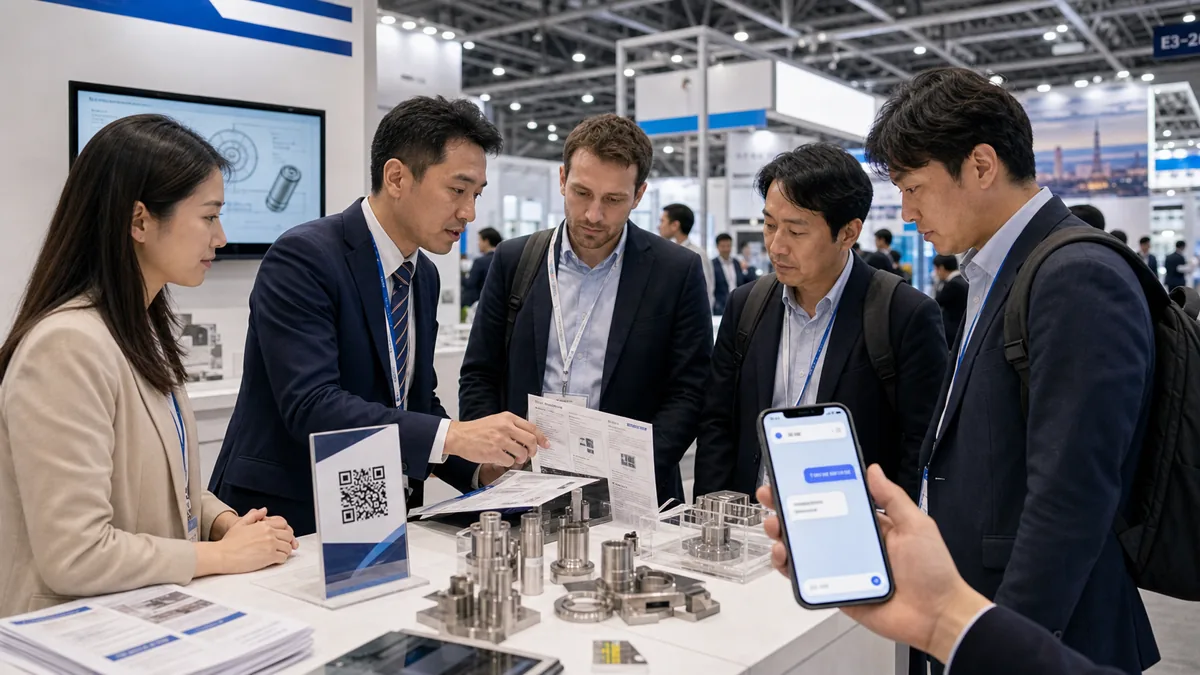 Tokyo Big Sight exhibitor team using booth QR to answer buyer questions