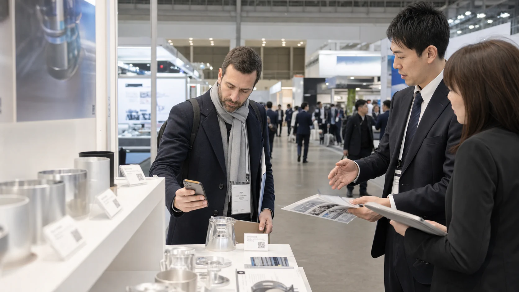 International buyer scanning a QR placard at a Tokyo Big Sight-style trade show booth