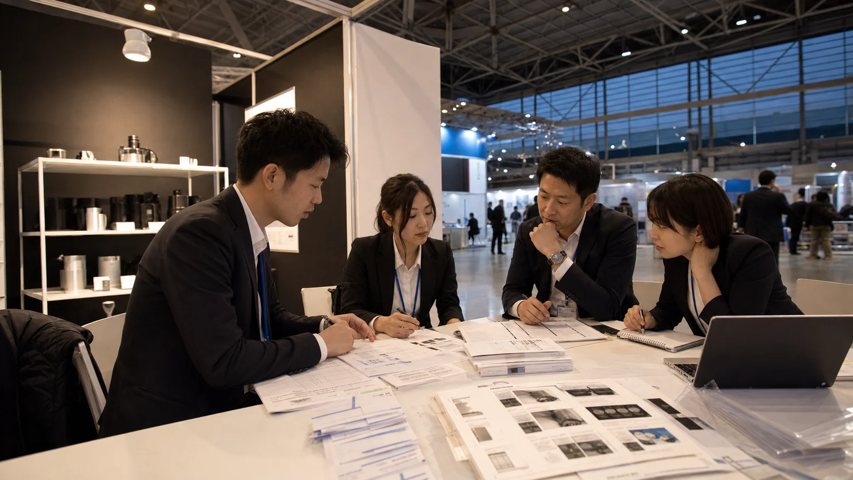Équipe exposante revoyant questions des acheteurs et notes de suivi après une journée a Tokyo