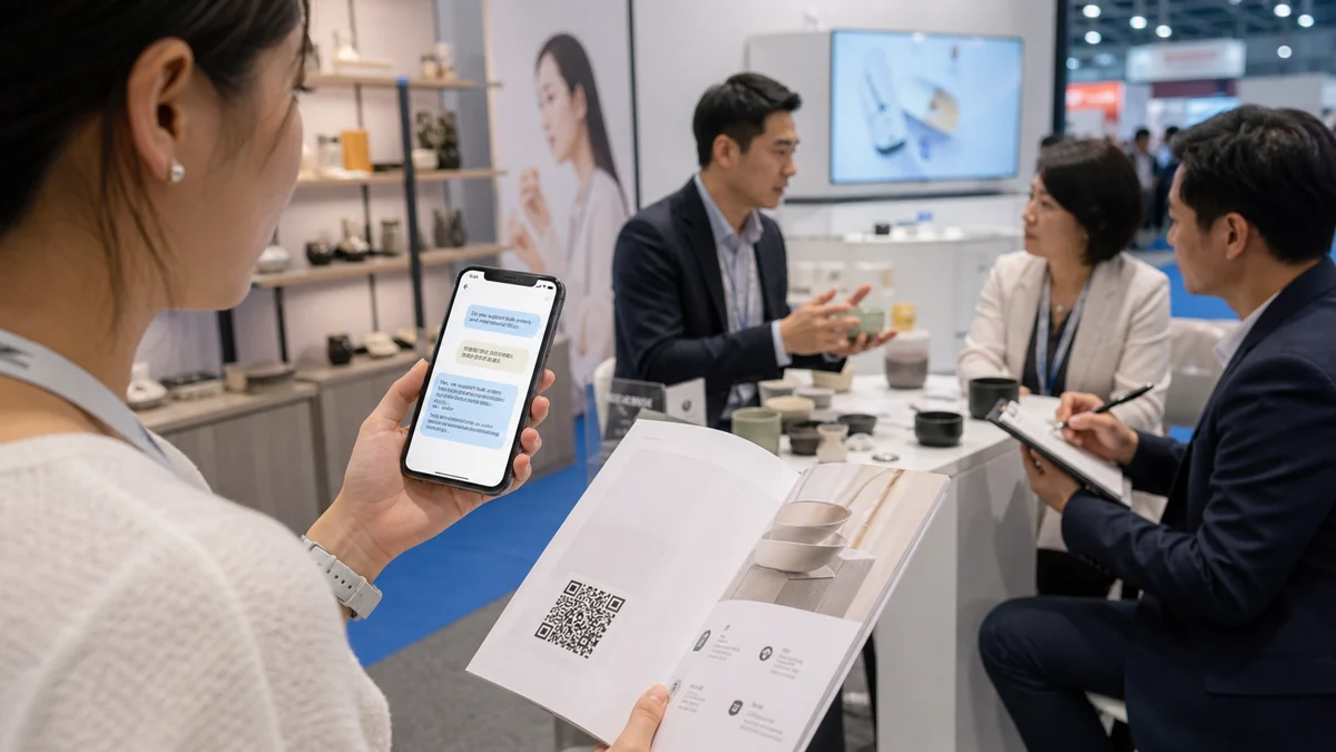 Visiteur salon scannant un QR code du catalogue et posant des questions sur mobile pendant que l'équipe presente des échantillons