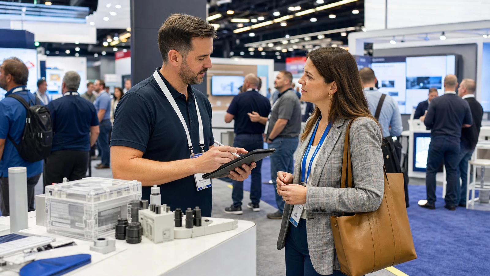 An American booth representative records a buyer's exact product question and agreed next step during a trade show conversation