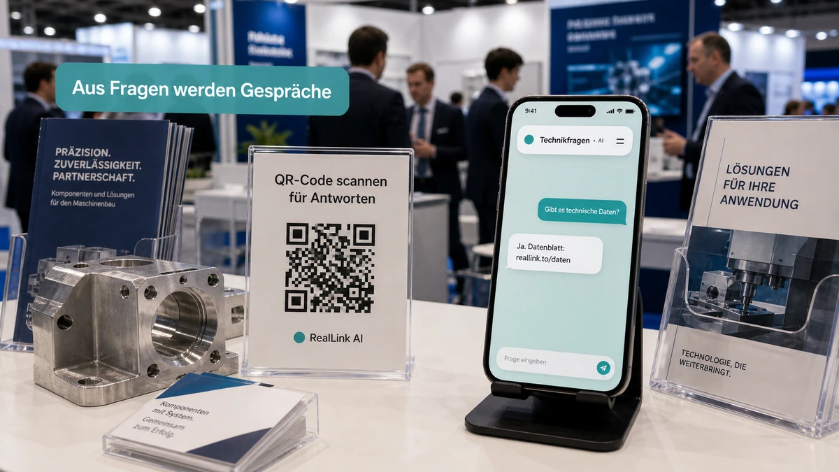 Deutscher Industriestand mit QR-Code und Smartphone für technische Besucherfragen