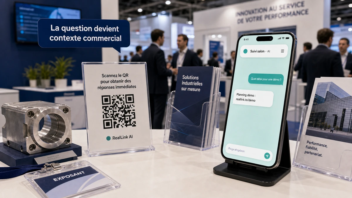 Salon professionnel français avec QR code et téléphone répondant à une question de démo
