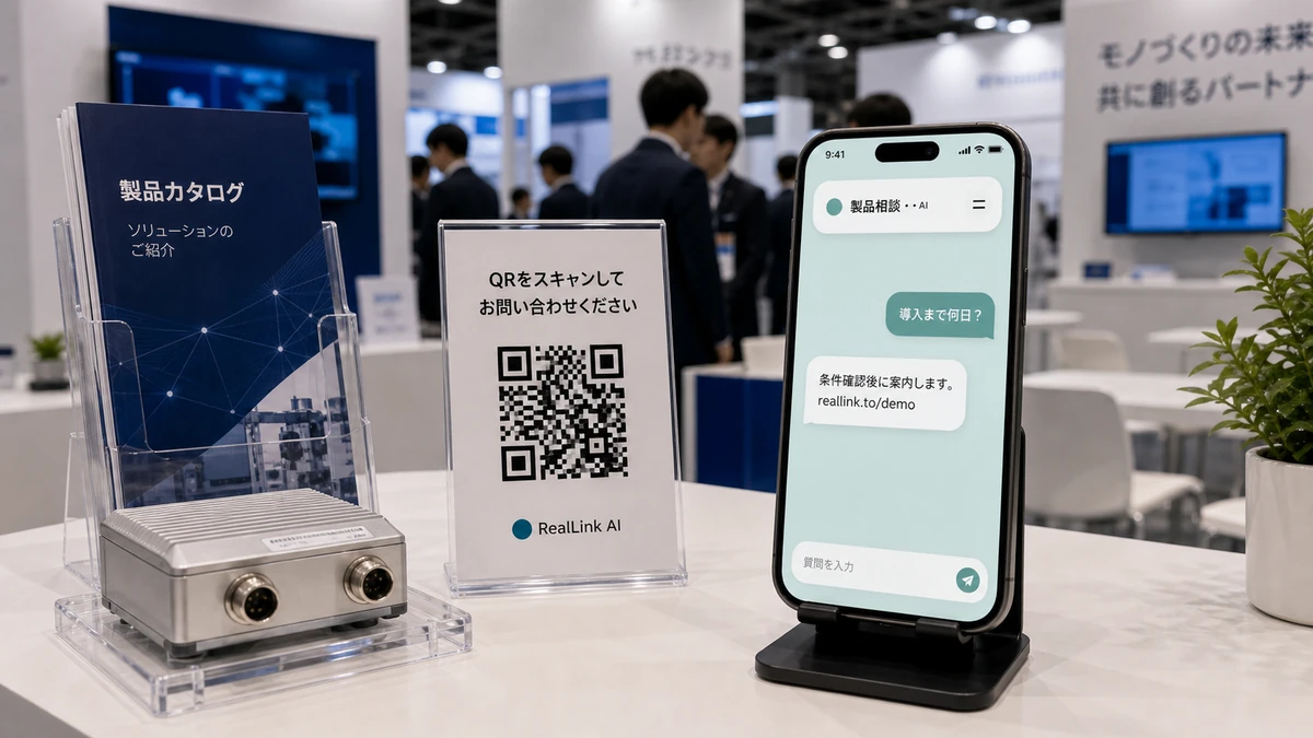 日本のB2B展示会ブースで導入期間の質問に答えるスマートフォン