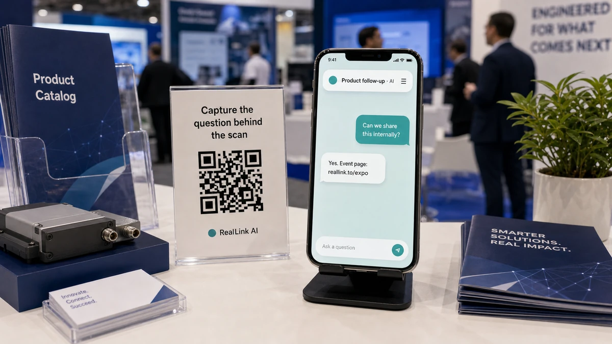 Trade show product sample counter with a phone showing an AI answer page for follow-up questions