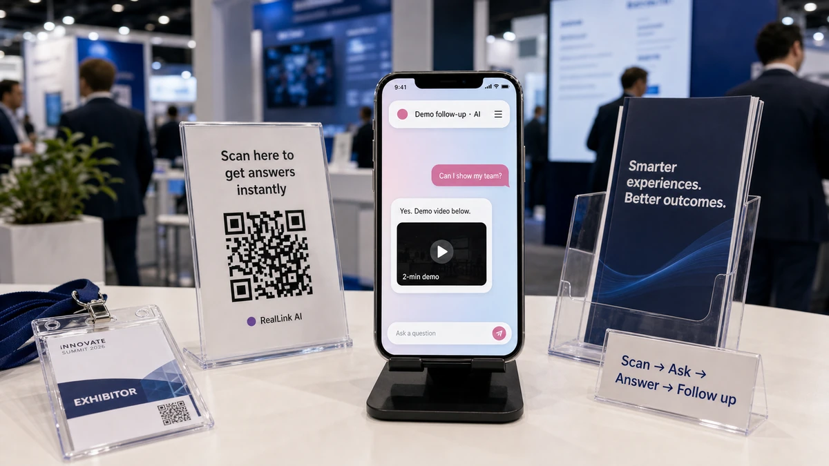 Trade show scan to ask to answer to follow-up flow with a phone showing a video embed inside an answer bubble