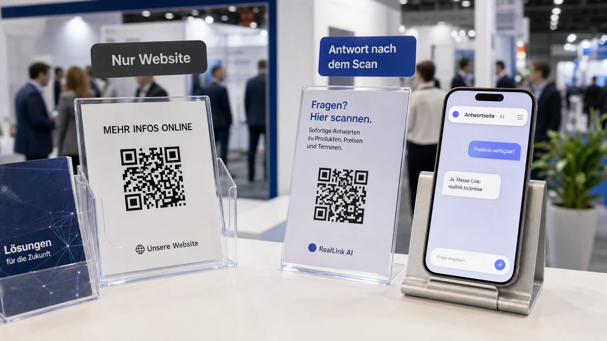 Vergleich zwischen Website-QR-Code und KI-Antwortseite fuer Fragen am Messestand