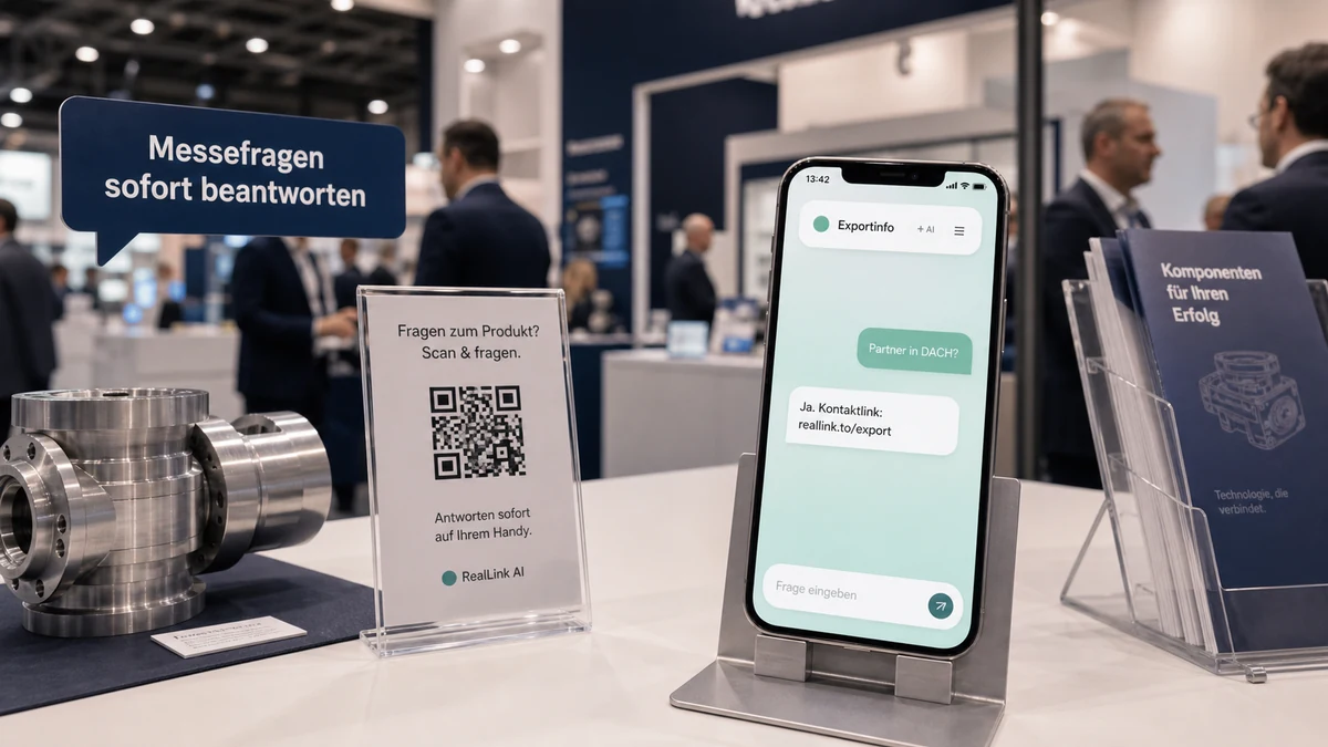 B2B-Messestand mit Produktmuster, QR-Aufsteller und Smartphone mit KI-Antwortseite fuer Musterfragen
