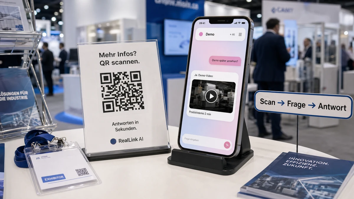 Messestand-QR-Code oeffnet eine KI-Antwortseite mit Demo-Video und plain URL in einer Antwort-Sprechblase