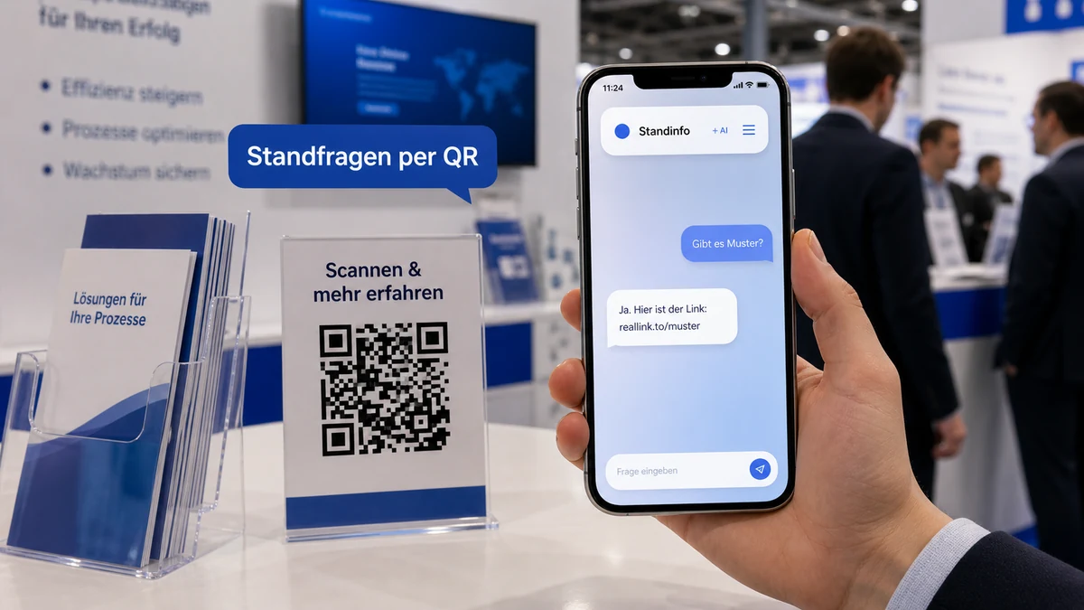 Deutscher Messestand mit QR-Code und KI-Antwortseite